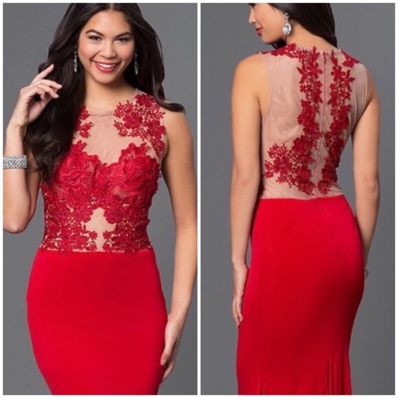 CQ by CQ size medium M Red Mermaid Prom Dress Lace Mesh floral bodice - Picture 2 of 11